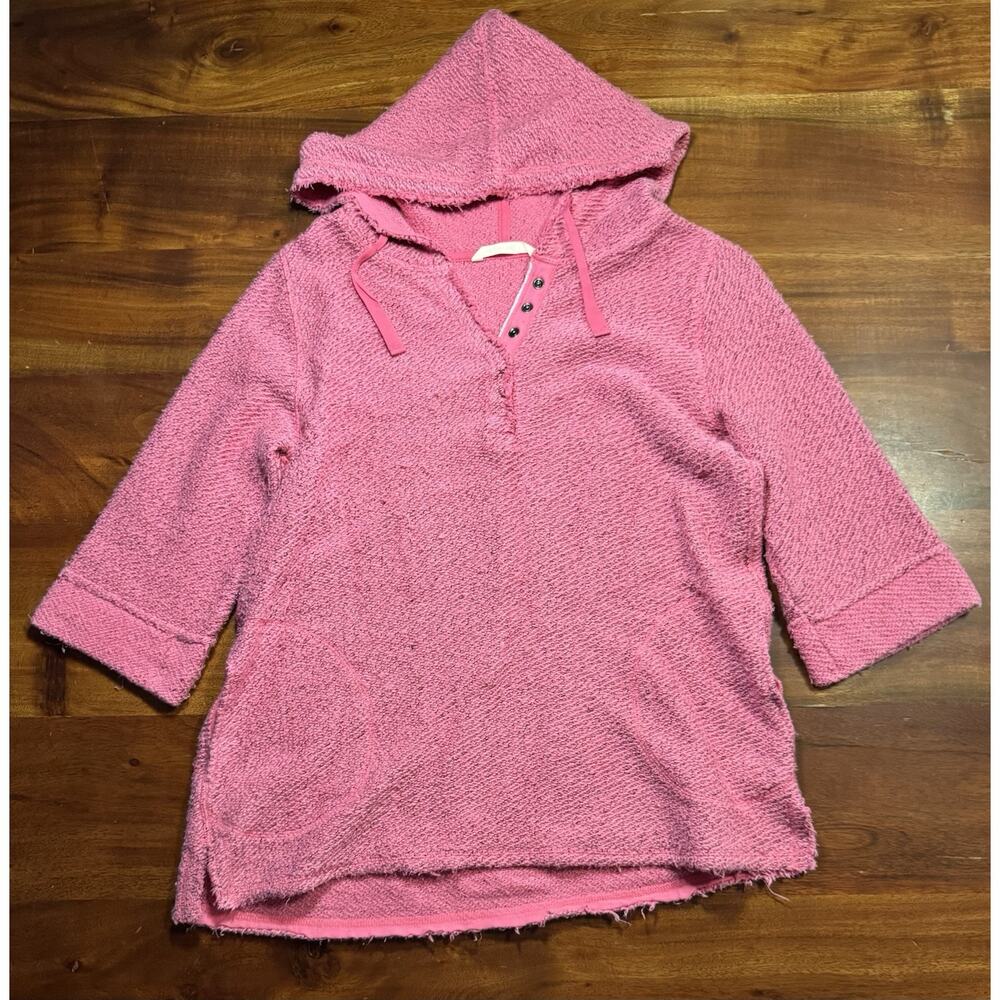 Soft Surroundings Pink Cozumel Terry Hoodie Snap Henley Pullover Sweatshirt PM